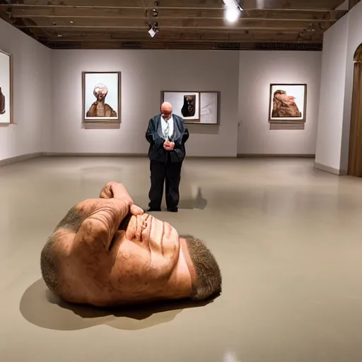 Image similar to a rotund man with fish head praying, ron mueck masterpiece, wide angle view, exhibition