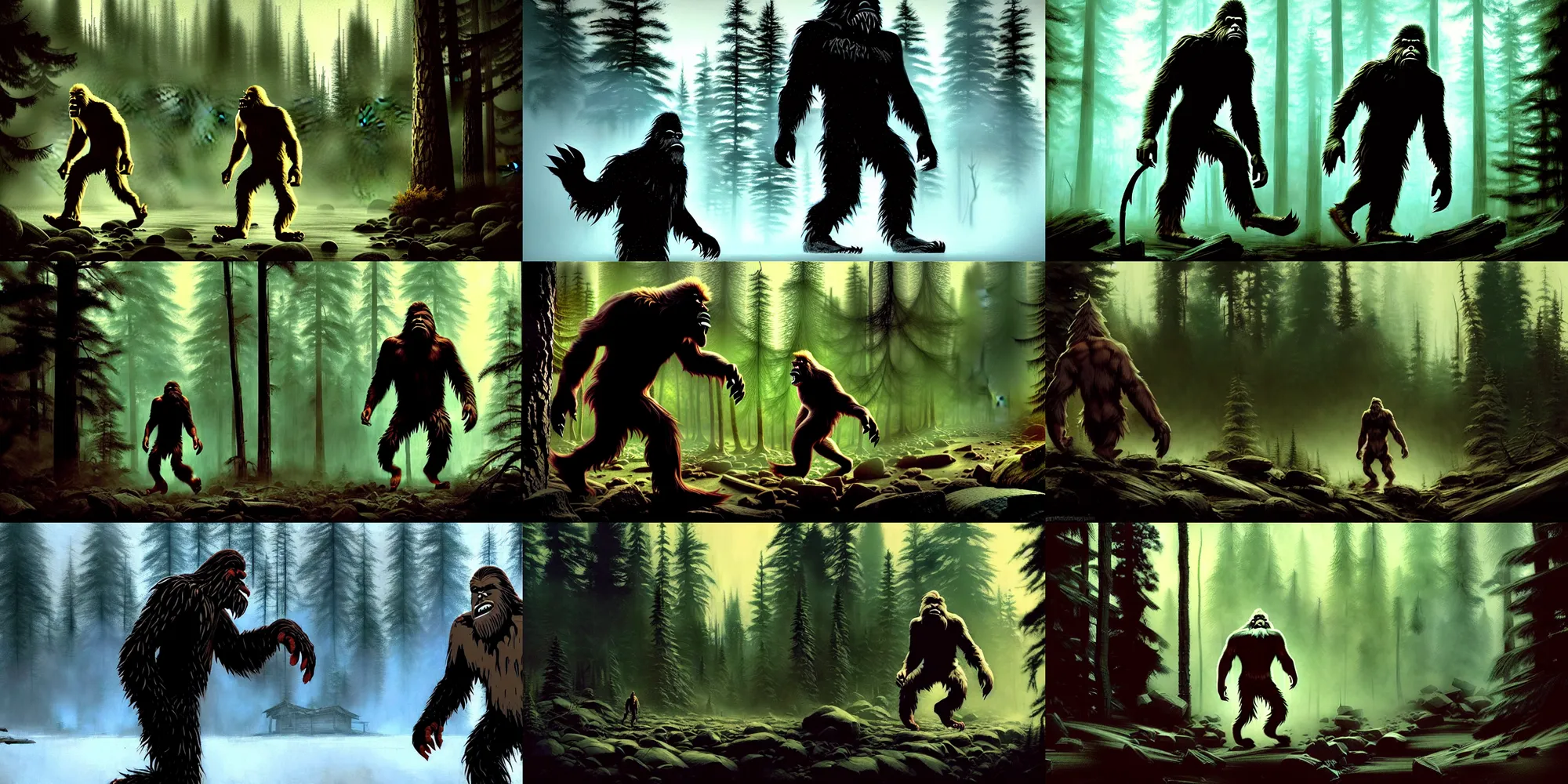 Prompt: angry bigfoot, near a cabin in forest, concept art by greg rutkowski, Craig Mullins, Todd McFarlane, masterpiece, award-winning, cinematic lighting, sharp focus, concept art, vibrant colors, photorealism, terror, hysterical, horrifying, digital art, destruction, the void, ominous, octane render, fear, very detailed, evil, intricate details, high definition, 16k, Artstation,