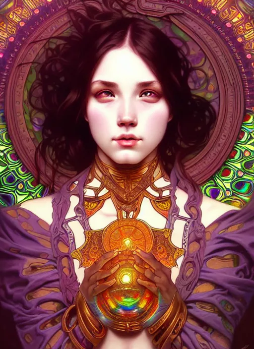 Image similar to overlord, psychedelic, portrait, highly detailed, deep focus, elegant, digital painting, smooth, sharp focus, illustration, ultra realistic, 8 k, art by artgerm and alphonse mucha