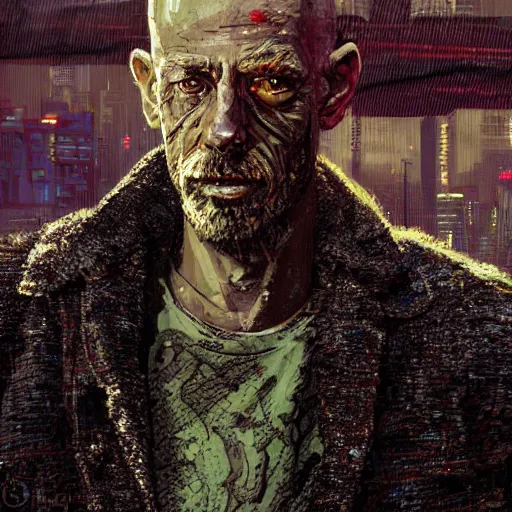 Image similar to cyberpunk, closeup portrait of a shaggy old cyberpunk fence, crooked teeth, bald, tired eyes, tattered tweed jacket, dramatic light, city background, sunset, dystopian setting, high contrast, sharp, neuromancer, the finn, painted by stanley lau, painted by greg rutkowski, painted by stanley artgerm, digital art, trending on artstation