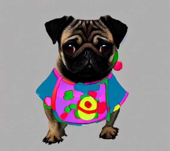 Image similar to a cute pug wearing a cute turtle outfit, digital art, colourful