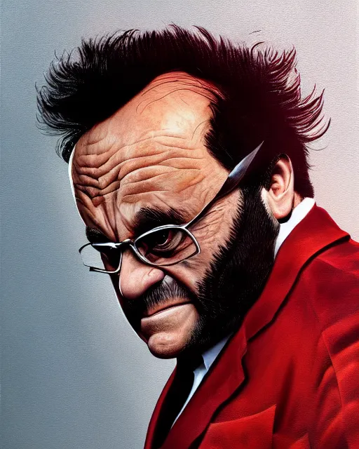 Image similar to danny devito as wolverine, full body portrait, full suit, claws out, oil on canvas, octane render, trending on artstation