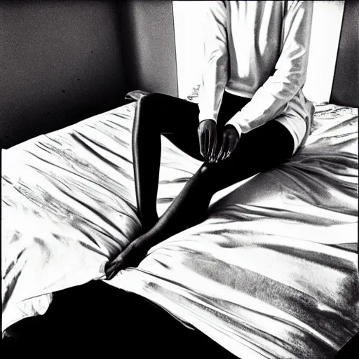 Prompt: girl is sitting on a bed with her legs crossed, a black and white photo by harriet powers, instagram contest winner, shock art, 2 0 megapixels, art on instagram, photocopy