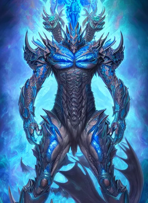 Image similar to muscular and tall blue ghostly fire humanoid dragon!!!! draconian!! intricate ornate iridescent heavy armor!! character concept art, sharp focus, octane render! unreal engine 5! highly rendered!! trending on artstation!! detailed linework!! illustration by artgerm, wlop, and chie yoshii