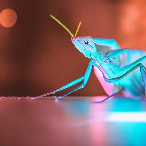 Prompt: cinematic photo of a beautiful albino praying mantis lit with saturated split colour blue and dusty pink lighting serving drinks in a grotto restaurant