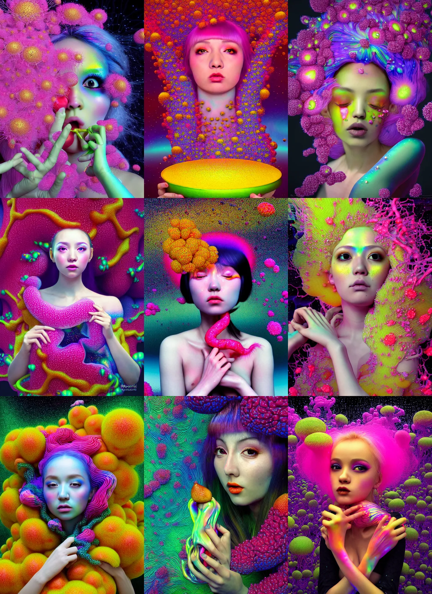 Prompt: hyper detailed 3d render like a Oil painting - kawaii sexy Aurora (Singer) seen Eating of the Strangling network of colorful yellowcake and aerochrome and milky Fruit and Her delicate Hands hold of gossamer polyp blossoms bring iridescent fungal flowers whose spores black the foolish stars by Jacek Yerka, Mariusz Lewandowski, Houdini algorithmic generative render, Abstract brush strokes, Masterpiece, Edward Hopper and James Gilleard, Zdzislaw Beksinski, Mark Ryden, Wolfgang Lettl, hints of Yayoi Kasuma, octane render, 8k