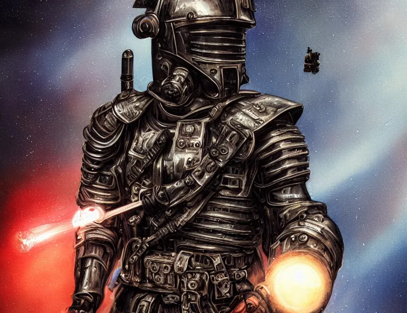 Prompt: a detailed portrait painting of a lone bounty hunter wearing combat armour and a reflective visor. Head and chest only. Dieselpunk elements. Movie scene, cinematic sci-fi scene. Flight suit, cloth and metal, accurate anatomy. Samurai influence, knight influence. fencing armour. portrait symmetrical and science fiction theme with lightning, aurora lighting. clouds and stars. Futurism by moebius beksinski carl spitzweg moebius and tuomas korpi. baroque elements. baroque element. intricate artwork by caravaggio. Oil painting. Trending on artstation. 8k