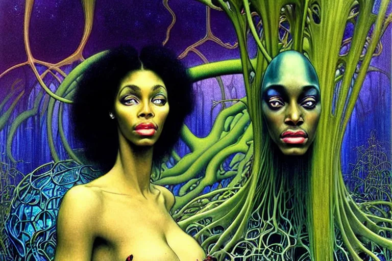 Prompt: realistic detailed portrait of a beautiful black woman with an alien, futuristic sci-fi forest on background by Jean Delville, Amano, Yves Tanguy, Alphonse Mucha, Mark Brooks, Roger Dean, rich moody colours