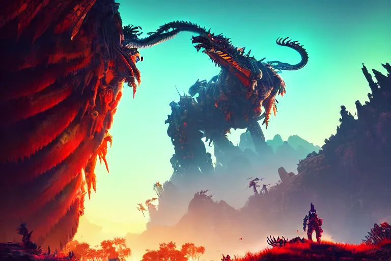 Image similar to dragon machine mecanical creature robot of horizon forbidden west horizon zero dawn bioluminiscence global illumination ray tracing hdr fanart arstation by ian pesty and alena aenami artworks in 4 k