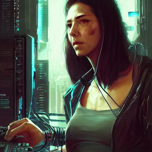 Image similar to female cyberpunk cyber hacker, cybernetic implants, wires, cables, grunge grime, realistic shaded, fine details, realistic shaded lighting painting by greg rutkowski, diego gisbert llorens, magali villeneuve, artgerm, jeremy lipkin, michael garmash, rob rey