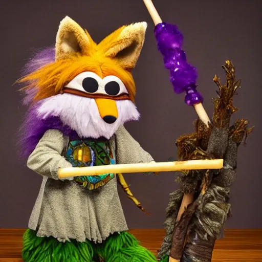Image similar to a fox druid wizard as a fluffy muppet plush wearing a vaporwave nostalgic cloak and holding a staff made from a stick with an amethyst gemstone tied at the top with dnd dice scattered around it, photorealistic, photography, national geographic, sesame street
