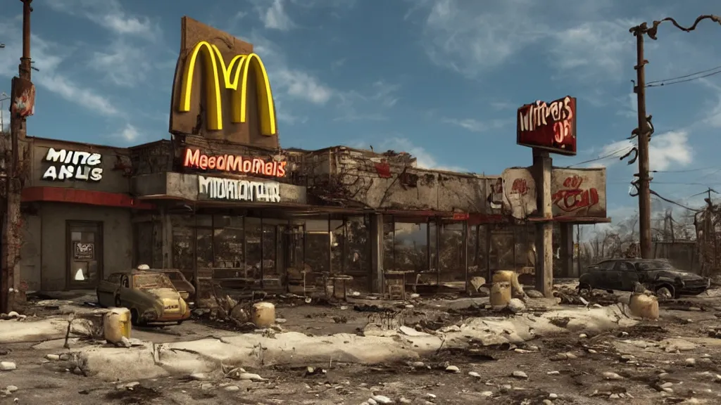 Image similar to post apocalyptic McDonalds::100, fallout, wasteland, octane render, 8k