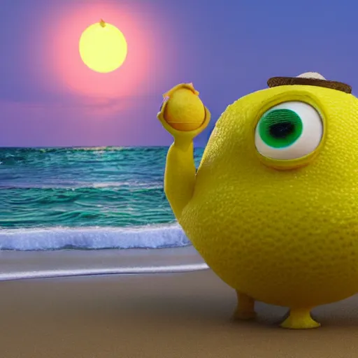Prompt: 3 d render, of anthropomorphic lemon character that looks like a monster from the movie وmonsters inc, with lemon skin texture, he is wearing a hat, building a sandcastle on the beach at sunset, beach, huge waves, sun, clouds, long violet and green trees, rim light, cinematic photography, professional, sand, sandcastle, volumetric lightening