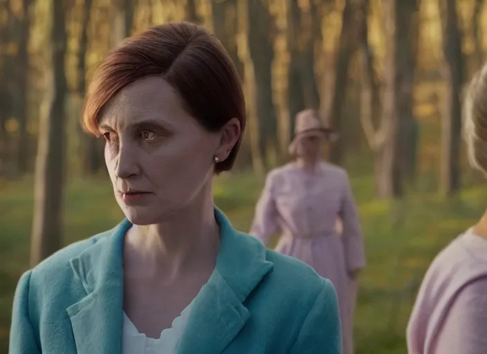 Prompt: cinematic mid shot of a high detail, refined woman's face looking off camera. fine facial features. she stands in an empty, pastel colourful 3 d, forrest scene, by jeffrey smart and gregory crewdson and edward hopper, inspired by the grand budapest hotel