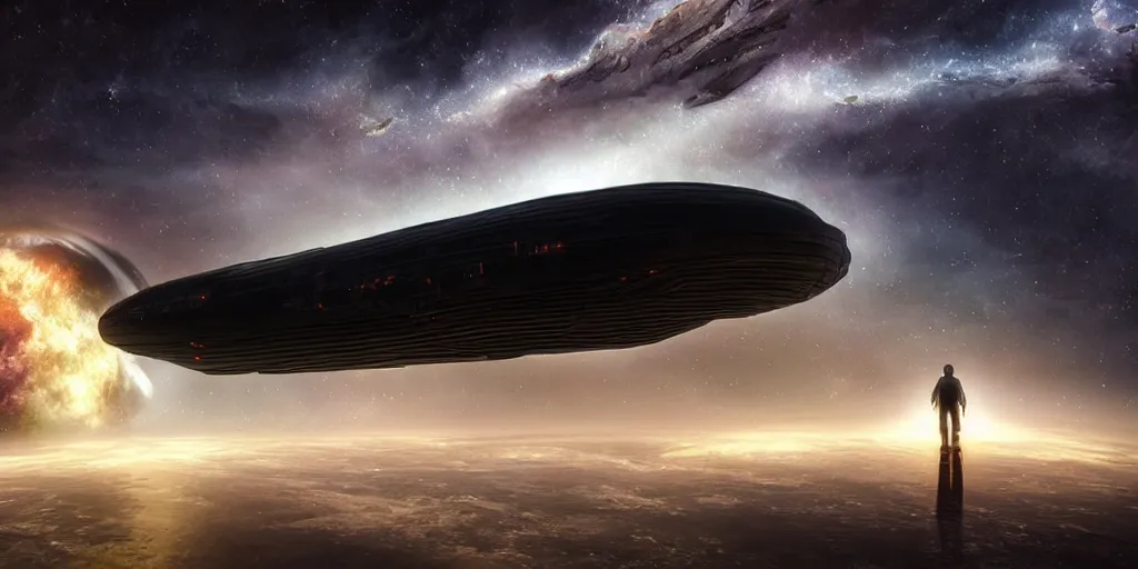 Prompt: a hyper realistic beautiful scene render of a single massive black starship with glowing engraved neon inscriptions and floating in an cosmic nebulae, mechanics, electron flow, metal, 3 d render, in the style of christophe vacher and sparth juan gregory crewdson and simon stalenhag paul pepera pablo roldan