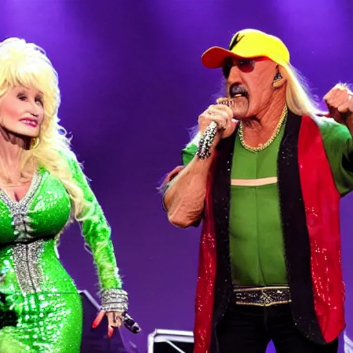 Image similar to Hulk Hogan and Dolly Parton perform on stage, biblically accurate