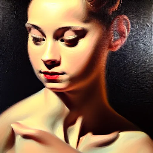 Image similar to portrait of a ballerina, very thick and wet oil paint, 8 k, cinematic light, shadows, reflection highlights in the paint, in the style of joseph lee,