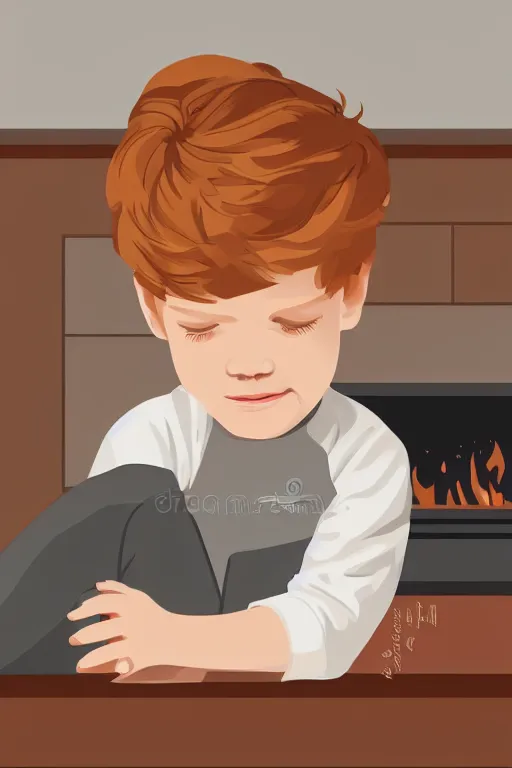 Image similar to a little boy with ginger hair curled up asleep in a cozy living room near the fireplace. clean elegant simple illustration, beautiful detailed face.