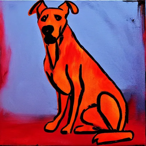 Image similar to A red dog sitting in the middle with red spots. in the art style of William Turner. Dramatic lighting, minimal painting, high resolution. Positive vibes