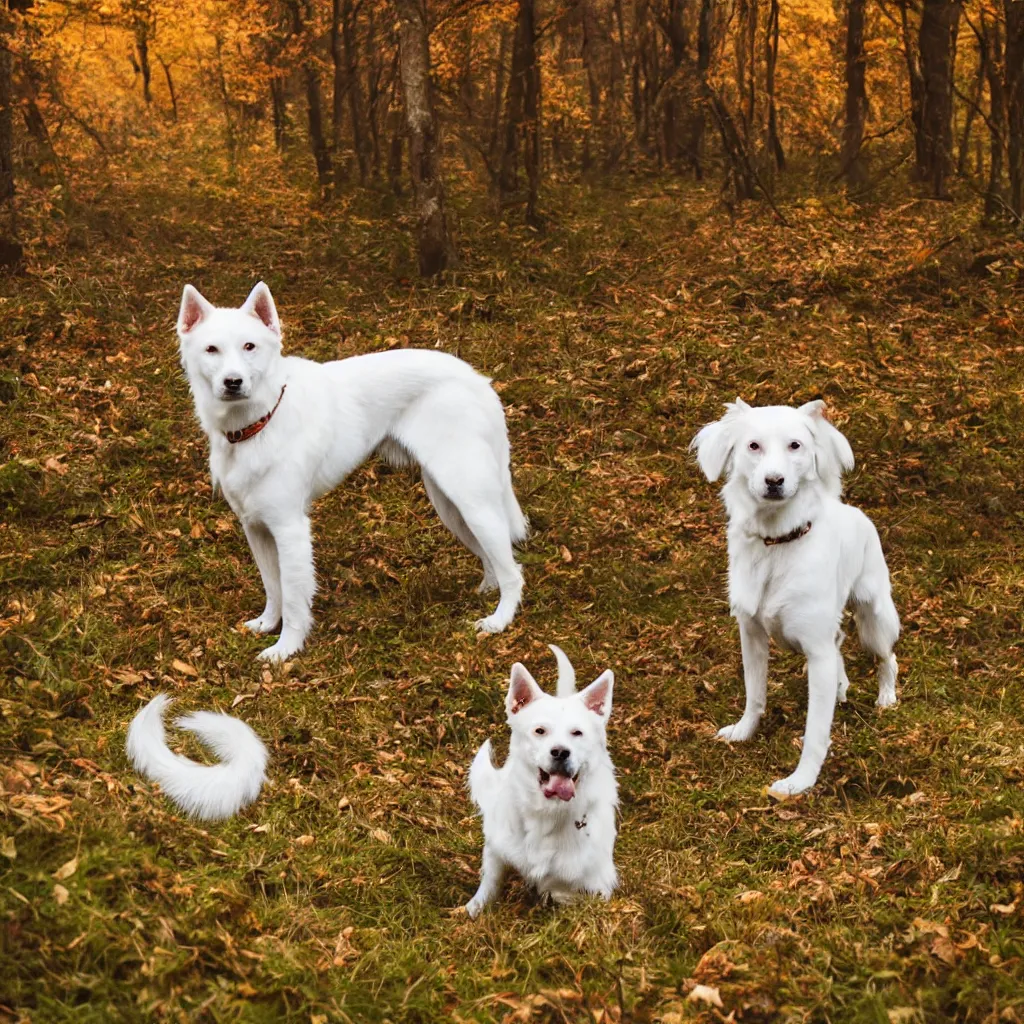 Image similar to one white laika dog, autumn, foggy old forest, very detailed, 4 k, professional photography