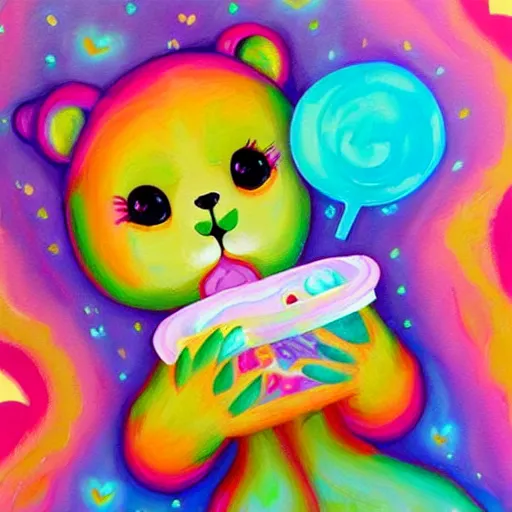 Image similar to a jeremiah ketner and lisa frank acrylic impasto!! painting of an adorable and cute bear eating candy