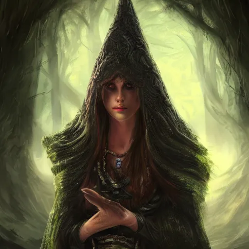 Image similar to higly detailed full body character art of a high fantasy sorceres eyes covered by a pointy mage hat, full body, highly detailed, photo realistic, dark fantasy atmosphere, froggy, 8K, matte-painting