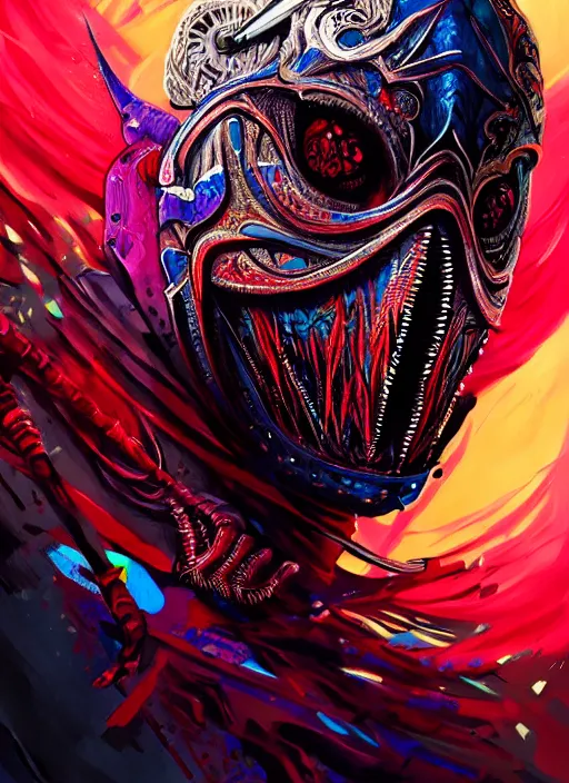 Prompt: hyper detailed ultra sharp of a ninja warrior, trending on artstation, warpaint aesthetic, bloodwave, colorful, psychedelic, ornate, intricate, digital painting, concept art, smooth, sharp focus, illustration, art by artgerm and greg rutkowski and h. r. giger, 8 k