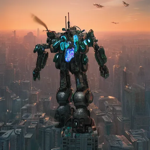 Prompt: a beautiful hyperrealistic ultradetailed 3D render of a gigantic mecha standing over the city, by brian sum and stephen martiniere and Antonio Manzanedo. mech, dragon, unreal engine, octane render, PBR, 3D, brilliantly colored, intricate, wide angle, volumetric lighting, polished, path tracing