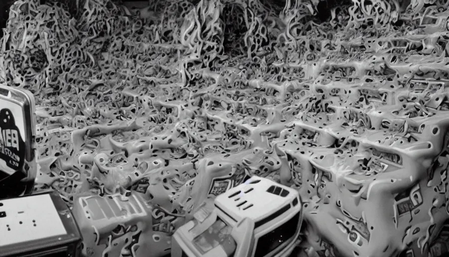 Image similar to 1990s photo of inside the Nickelodeon Blockbuster Gameboy Slime Show ride at Universal Studios in Orlando, Florida, children riding a VHS tape through a slime Muppet tamagotchi town, cinematic, UHD