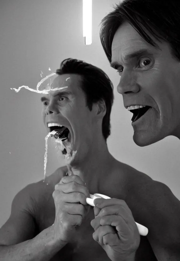 Image similar to jim carrey brushing his teeth with an electric toothbrush suds cinematic bright light heaven