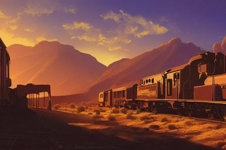 Image similar to idyllic old western train station illustration by syd mead, artstation, 4 k, graphic novel, concept art, matte painting, steam engine, beautiful mountain desert sunset background, golden hour