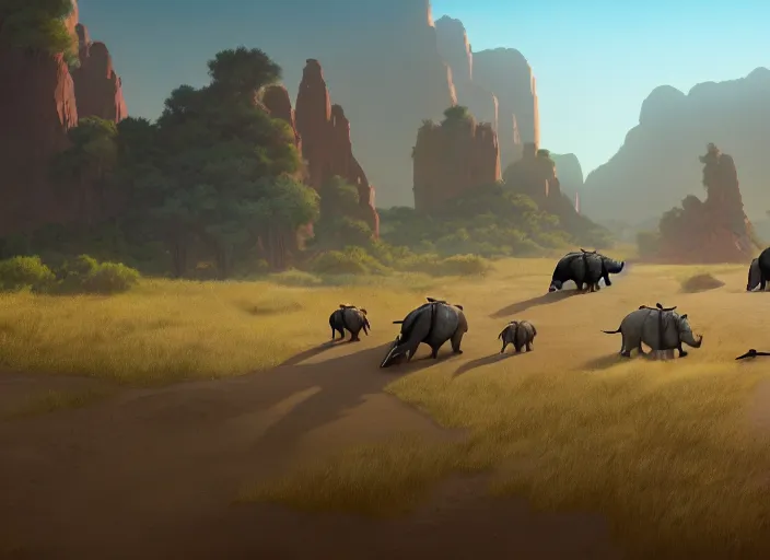 Image similar to the big large expedition with a lot of explores, warriors and adventurers, being brought by several rhinos carrying things towards the desert of duhnes medium shot, studio ghibli, pixar and disney animation, sharp, rendered in unreal engine 5, anime key art by greg rutkowski, bloom, dramatic lighting