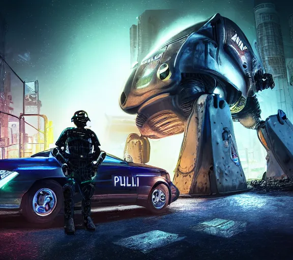 Image similar to a robotic cthulhu police officer sitting next to a futuristic police car, rusty helmet, cyberpunk, fallout 5, studio lighting, deep colors, apocalyptic setting, city at night