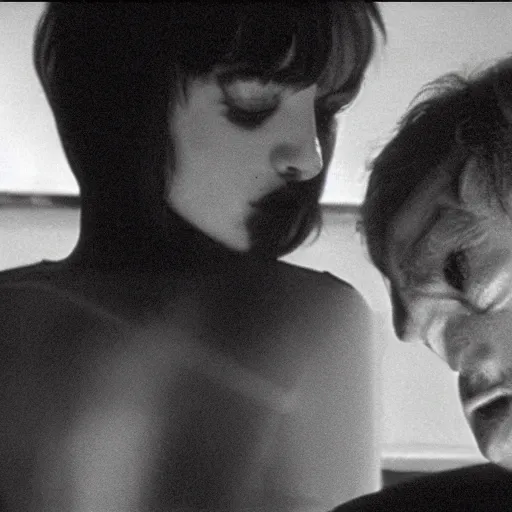 Prompt: a man head and a robot head in a moment of repulsion and jealousy, movie still by Andrzej Zulawski