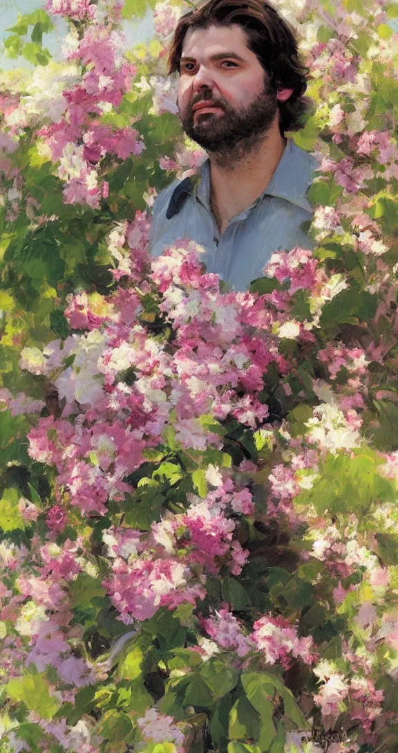 Prompt: romantic detailed portrait of gabriel boric surrounded by beautiful flowers, by gregory manchess, james gurney, james jean