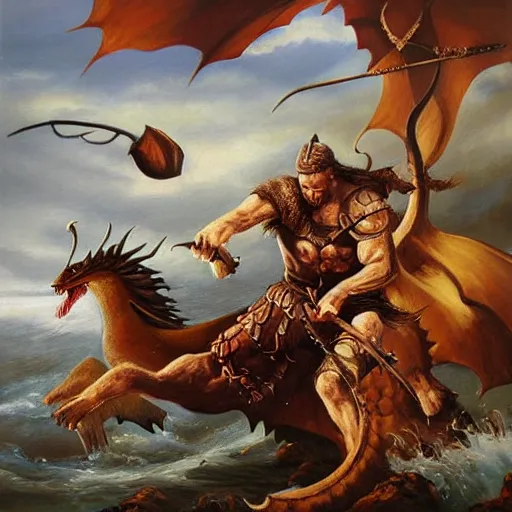 Prompt: Viking fighting a dragon, oil painting, master piece