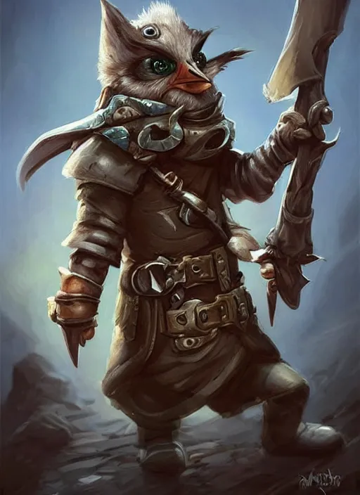 Image similar to cute little anthropomorphic rockfowl bandit wearing Karrus's shroud, tiny, small, miniature animal, baby animal, short, pale black armor, cute and adorable, pretty, beautiful, DnD character art portrait, matte fantasy painting, DeviantArt Artstation, by Jason Felix by Steve Argyle by Tyler Jacobson by Peter Mohrbacher, cinematic lighting