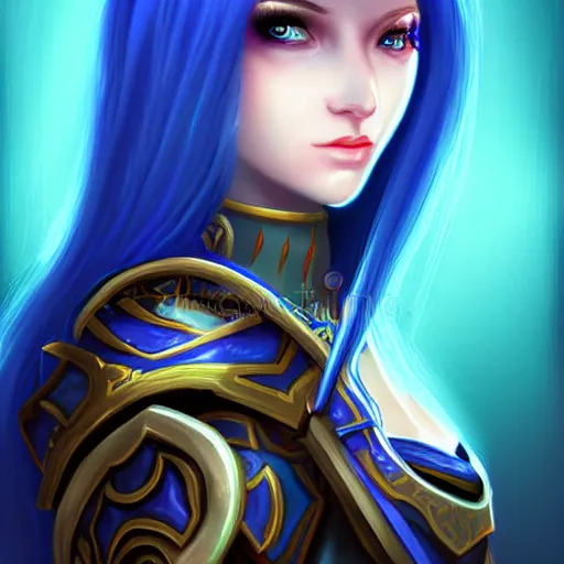 Image similar to a portrait of a very beautiful female mage in armor warcraft style armor blue hair bored illustration soft lighting soft details painting oi