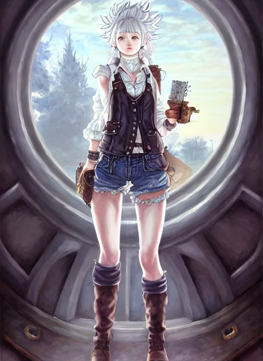 Image similar to a portrait of catgirl wearing white vest, and denim shorts an ultrafine detailed painting, detailed painting, boris valejo. octopath traveler