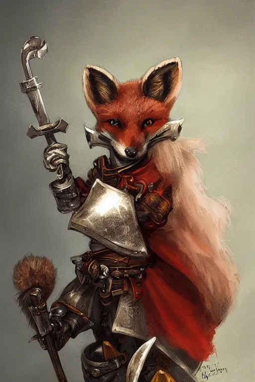 Image similar to cute little anthropomorphic foxy knight wearing a cape and a crown, tiny, small, miniature fox, baby animal, short, pale blue armor, cute and adorable, pretty, beautiful, DnD character art portrait, matte fantasy painting, DeviantArt Artstation, by Jason Felix by Steve Argyle by Tyler Jacobson by Peter Mohrbacher, cinematic lighting