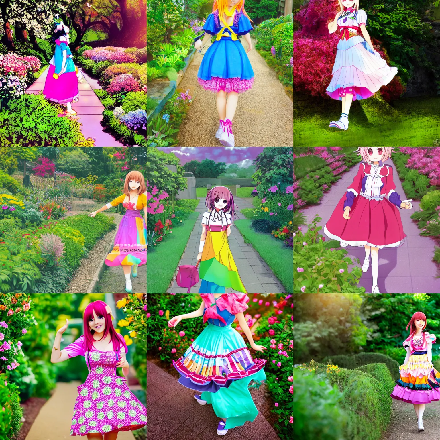 Prompt: a very cute art of a smiling anime girl idol wearing a colorful dress, walking at the garden, detailed