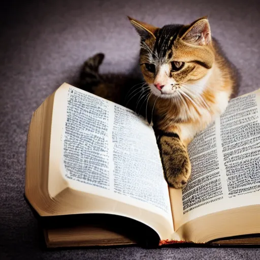 Image similar to adorable cat reading the bible, award winning dslr photography, studio lighting