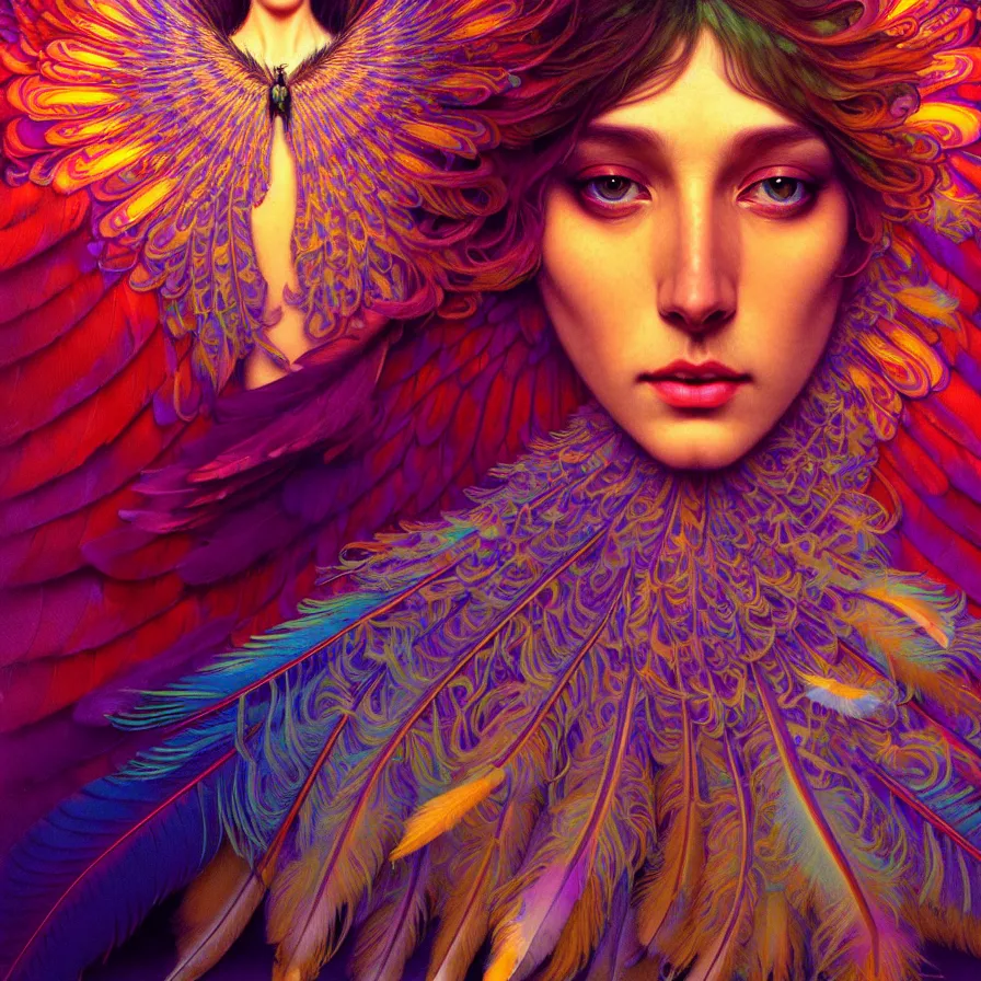 Image similar to face of innocent psychedelic transcendent feather mind bending psychedelic wings of glossy liquid honey flowing like kaleidoscopic translucent holograph, lsd feathers, feathery fluff, enlightenment, high contrast dappled lighting, refracted sunset, highly detailed, concept art, art by collier, albert aublet, krenz cushart, artem demura, alphonse mucha