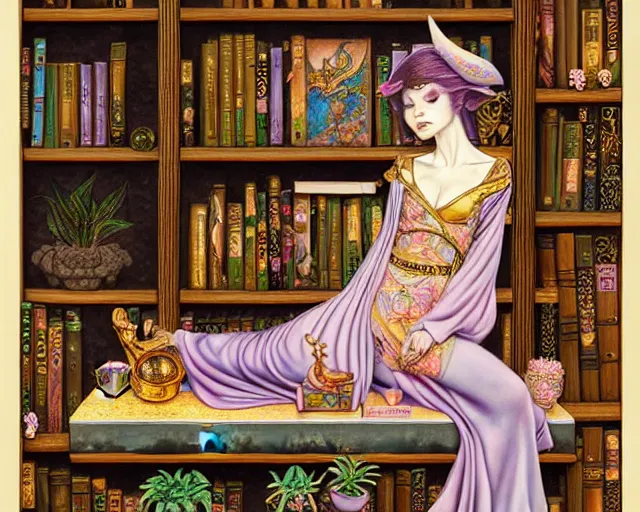 Image similar to a detailed fantasy pastel portrait of a woman wizard in ornate clothing lounging on a purpur pillow on the marble floor in front of her bookcase in a room, reading an ancient tome. to the side is a potted plant, moody light. ancient retrofuturistic setting. key art, focus on face, by chie yoshii and casey weldon