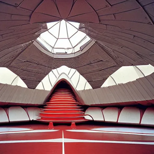 Image similar to interior of a futuristic lotus temple space station with gold, red and white marble panels, by buckminster fuller and syd mead, intricate contemporary architecture, photo journalism, photography, cinematic, national geographic photoshoot