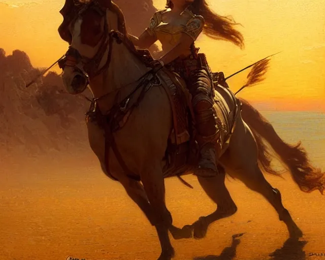 Image similar to female sheriff riding at sunset, highly detailed painting by gaston bussiere, craig mullins, j. c. leyendecker 8 k