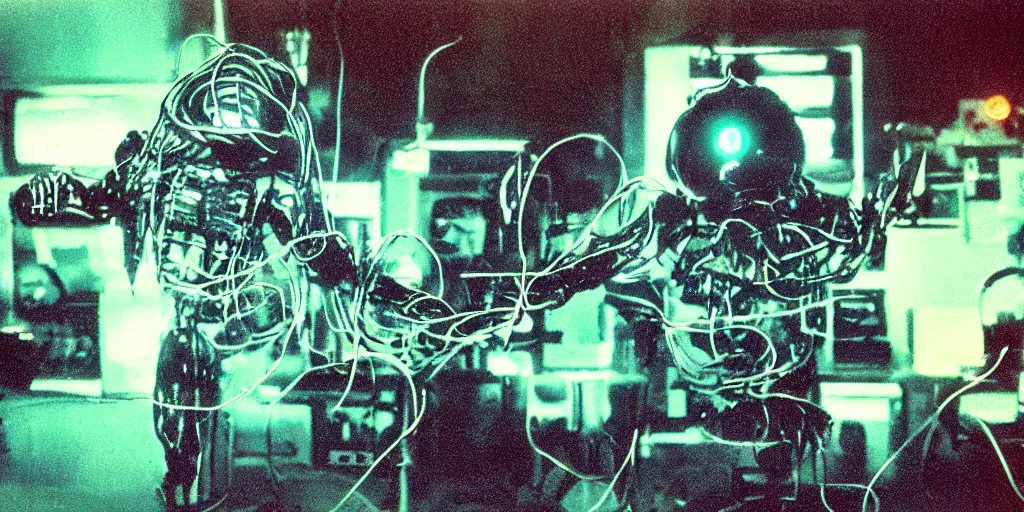 Prompt: movie still 35mm film photograph a screaming and angry dangerous shape mechanical creature, with multiple wires, glowing TV monitors lower torso inside of a 1970s science lab, neon lights, dirty, ektachrome photograph, volumetric lighting, f8 aperture, cinematic Eastman 5384 film