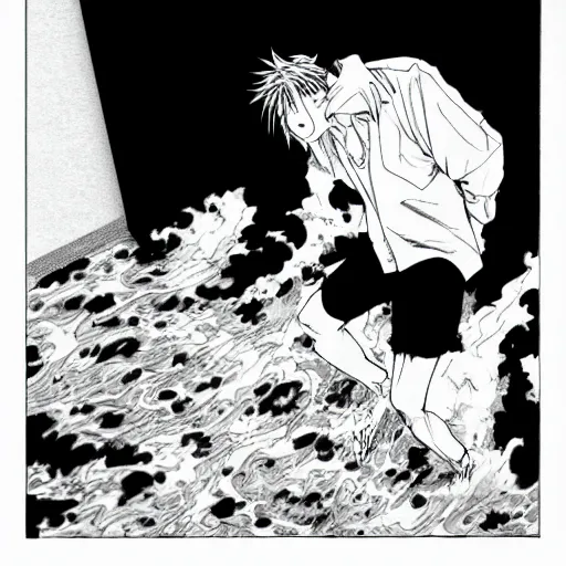 Prompt: Serious Sneeze destroys the sun, manga panel, black and white ink, by Yusuke Murata