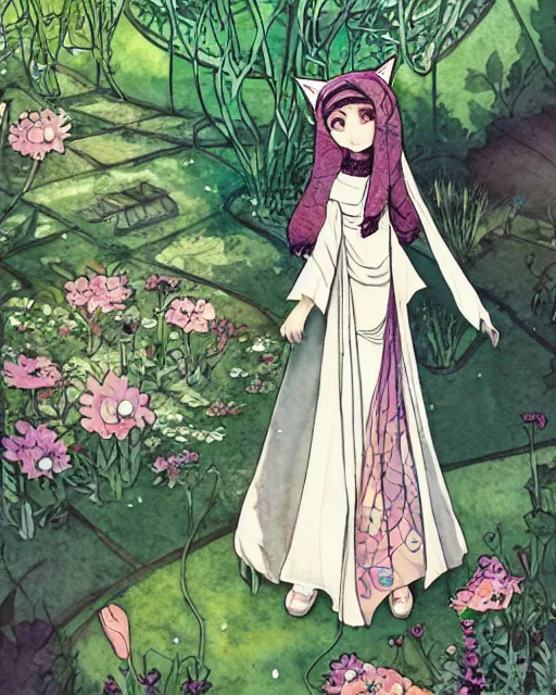 Prompt: middle eastern woman with cat ears, wearing a lovely dress in a scifi garden. this watercolor painting by the award - winning mangaka has impeccable lighting, an interesting color scheme and intricate details.