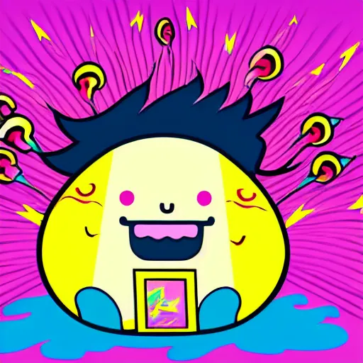 Image similar to kawaii wacky fluffy popcorn with lightning bolt power, yokai, in the style of a mamashiba, with a yellow beak, with a toroidal energy field, with a smiling face and flames for hair, sitting on a lotus flower, white background, simple, clean composition, symmetrical